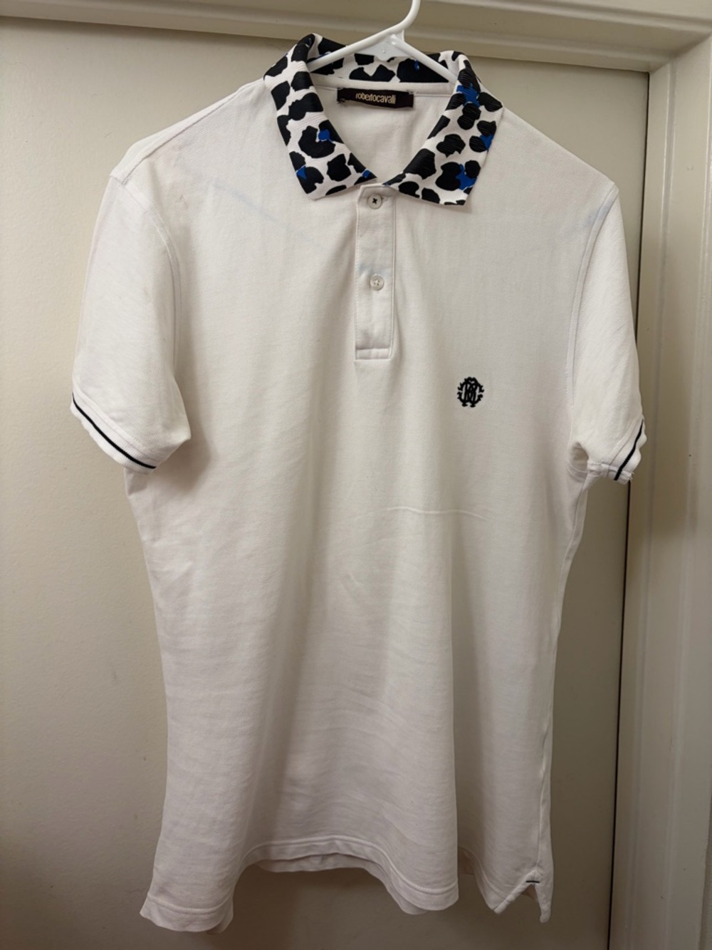 Roberto Cavalli White Polo with Black and Blue Leopard Collar